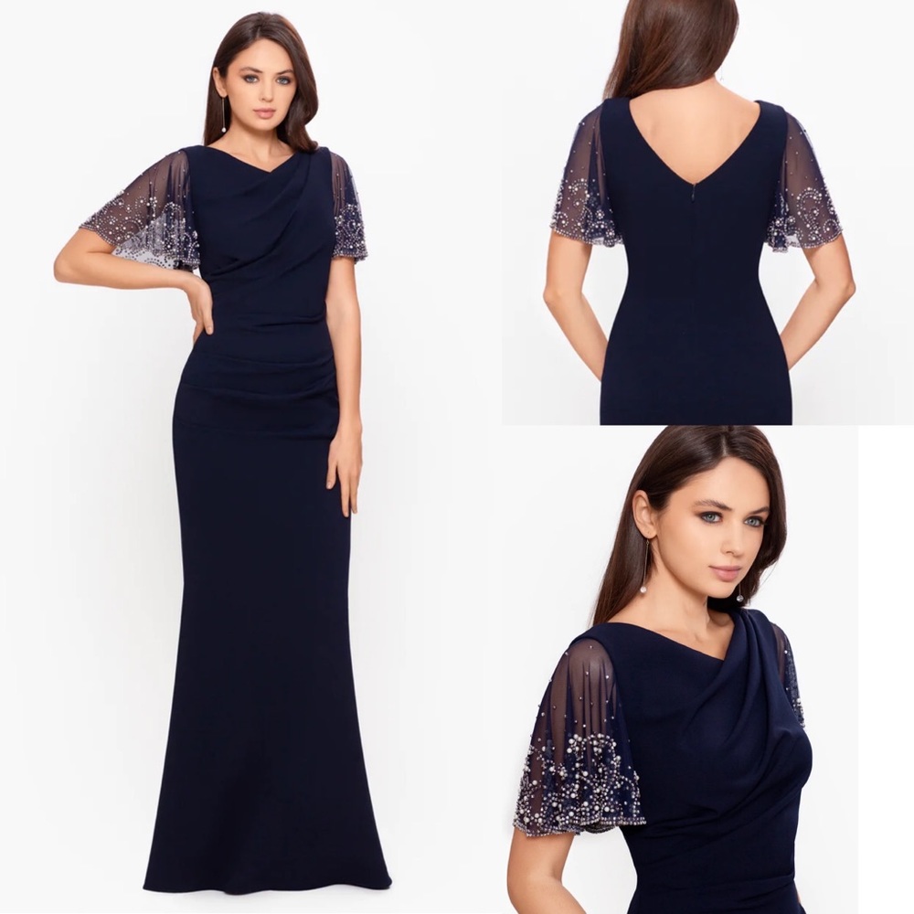 Private BETSY & ADAM
Bead Mesh flutter Sl
Crepe size 8 12 14  16 or 18W navy gow